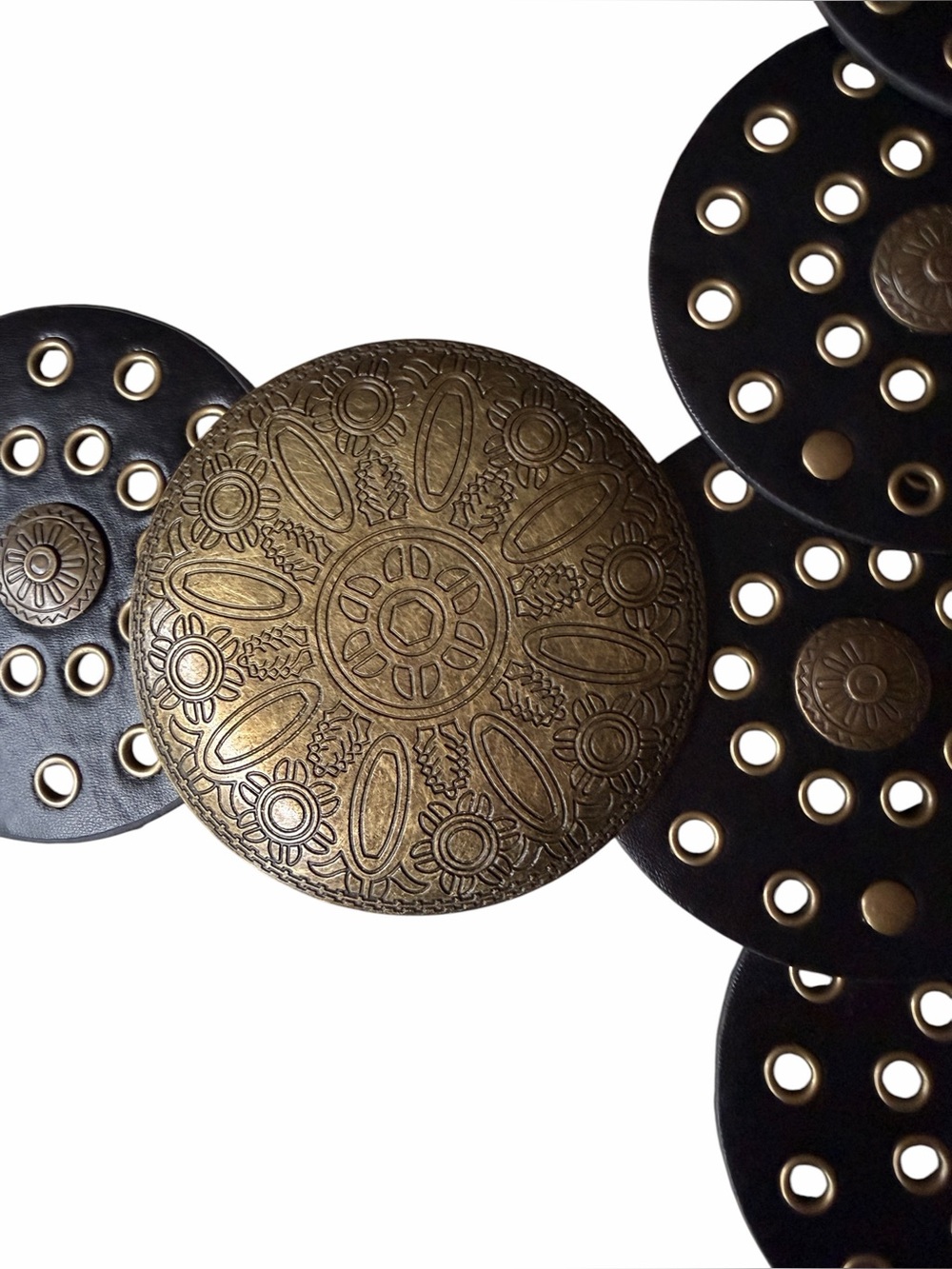 Wide Western Boho Belt Brown Leather Belt with Aged Brass Concho Embellishments - Picture 2 of 8